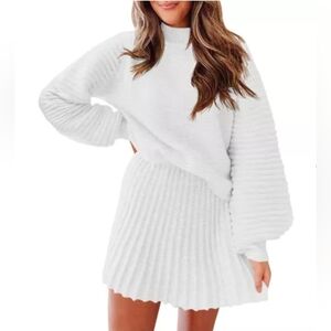 NWOT Imily Bela Sweater & Skirt Set Mock Neck Ribbed Pleated White Outfit Size S